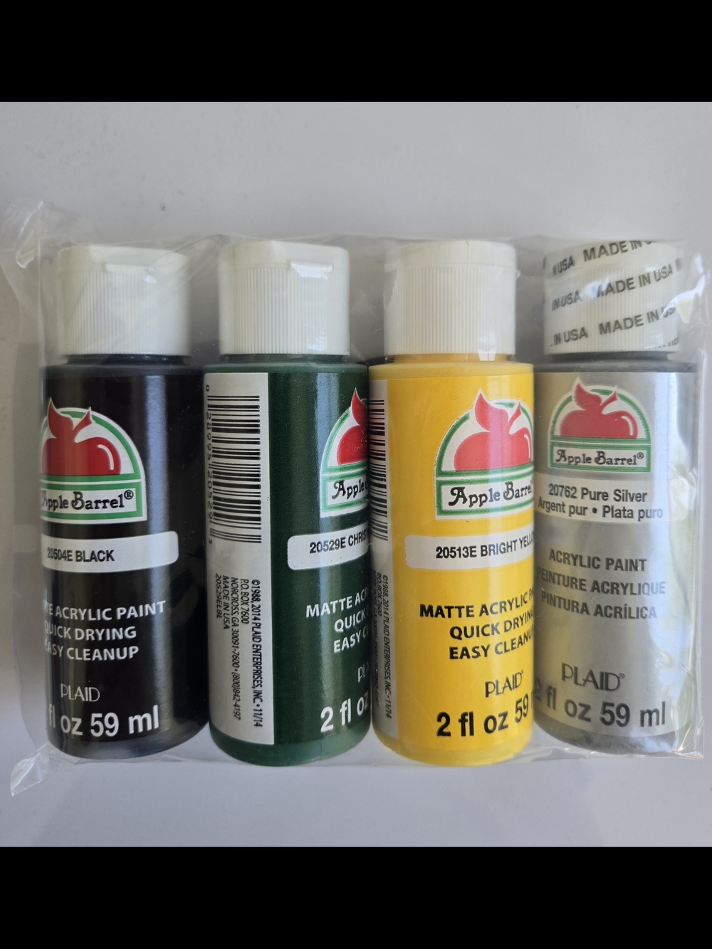 Apple Barrel Matte Acrylic Paint - Black, Christmas Green, Bright Yellow, Silver
